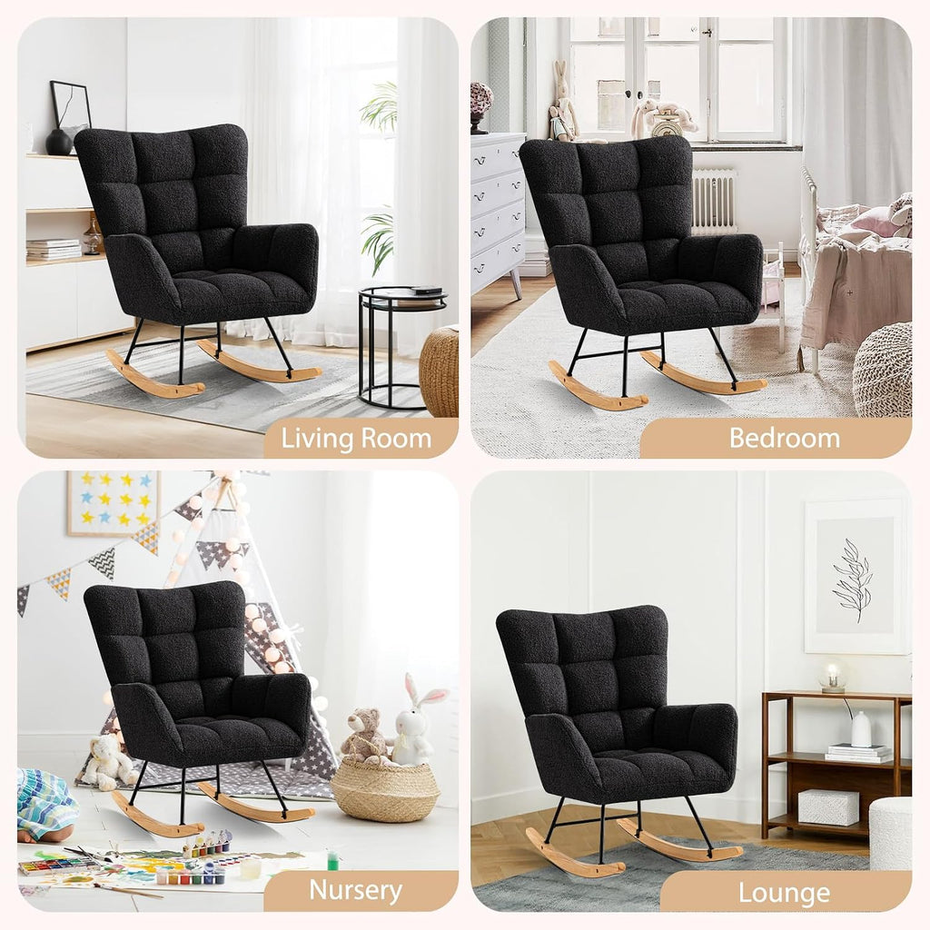 Furniliving Nursery Rocking Chair Upholstered Glider Rocking Chair Modern Accent Chair Padded Seat Reading Chair with High Backrest Comfy Chair for Living Room, Bedroom, Nursery, Black, Teddy