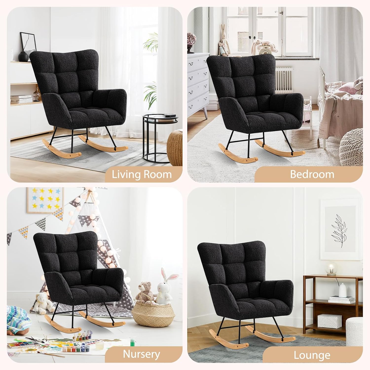 Furniliving Nursery Rocking Chair Upholstered Glider Rocking Chair Modern Accent Chair Padded Seat Reading Chair with High Backrest Comfy Chair for Living Room, Bedroom, Nursery, Black, Teddy