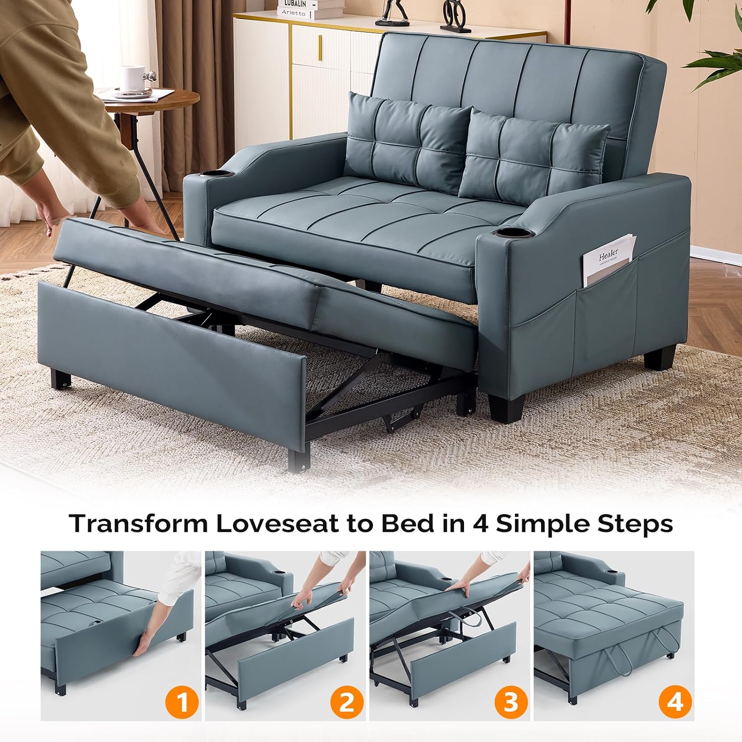 VINGLI Convertible Loveseat Sleeper Sofa, Blue Grey Faux Leather Futon Sofa Bed Pullout Couch Bed with USB Ports, Cup Holders, Armrest for Living Room, Bedroom, Home Office Apartment
