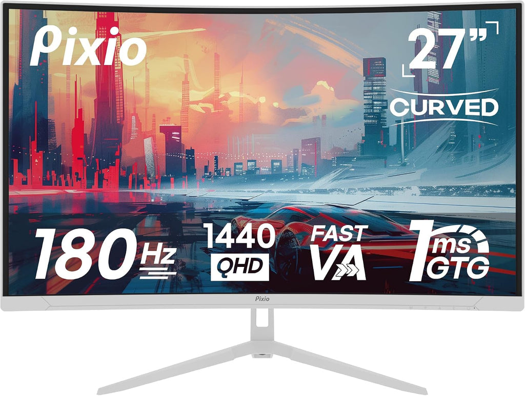 Pixio Two PXC278WAVE White 27 inch 180Hz Refresh Rate QHD 1440p Resolution 1650R Curve Fast VA Panel 1ms GTG Response Time HDR Curved Gaming Monitor and PS1D Wave White Dual Monitor Arm