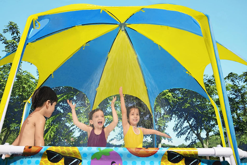 H2OGO! Kids Splash-in-Shade 8-Foot Round Steel Frame Above Ground Pool with Water Mister and Canopy Sunshade, Green Tropical Leaf Print