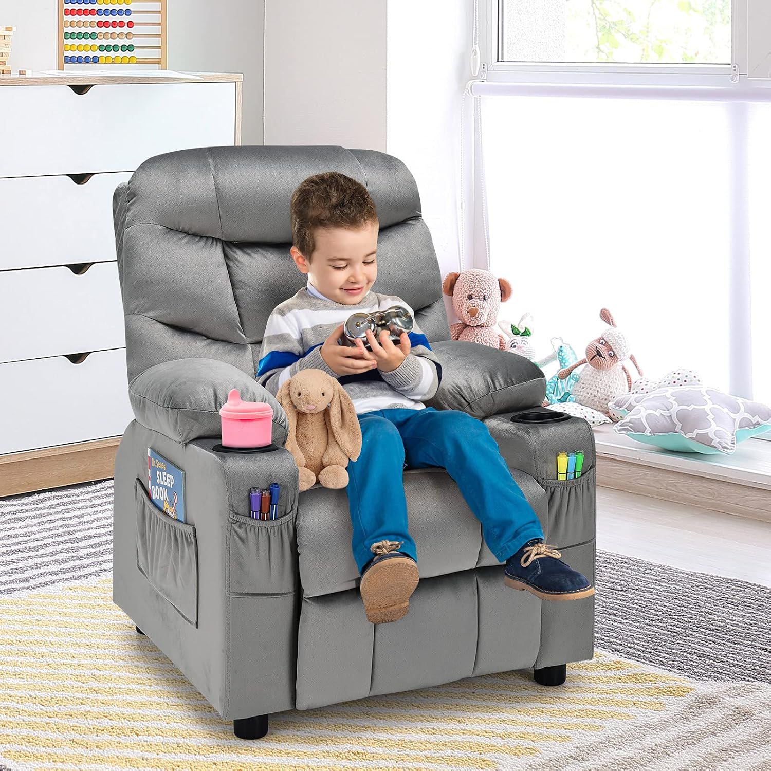Costzon Kids Recliner Chair with Cup Holder, Adjustable Velvet Lounge Chair w/Footrest & Side Pockets for Children Boys Girls Room, Ergonomic Toddler Furniture Sofa Gifts, Kids Recliner (Gray)