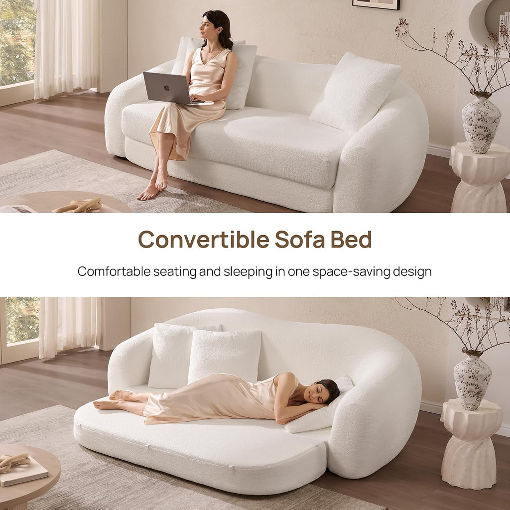 SICOTAS Curved Sofa Couch Bed for Living Room Convertible Futon Cloud Boneless Sleeper Chair Pull Out Floor Couch with Deep Seat Sofa Set Foam No Assembly Required for Bedroom Apartment Office, White
