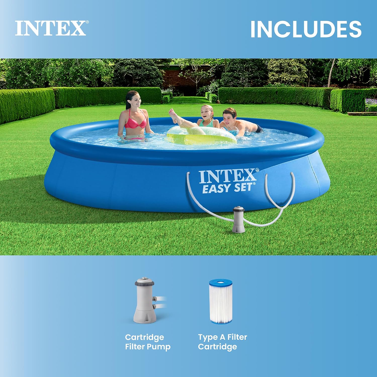 Intex Easy Set 13 ft x 33in Above Ground Pool Set, Round Inflatable Swimming Pool with 530 GPH Cartridge Filter Pump and Type A Cartridge
