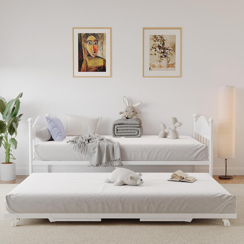Daybed with Trundle, Metal Twin Size Day Bed with Stylish Headboard, Sofa BedFrame with Pop Up Foldable Trundle Bed, Heavy Duty Steel Slats Platform for Living Room, Bedroom and Guest Room, White