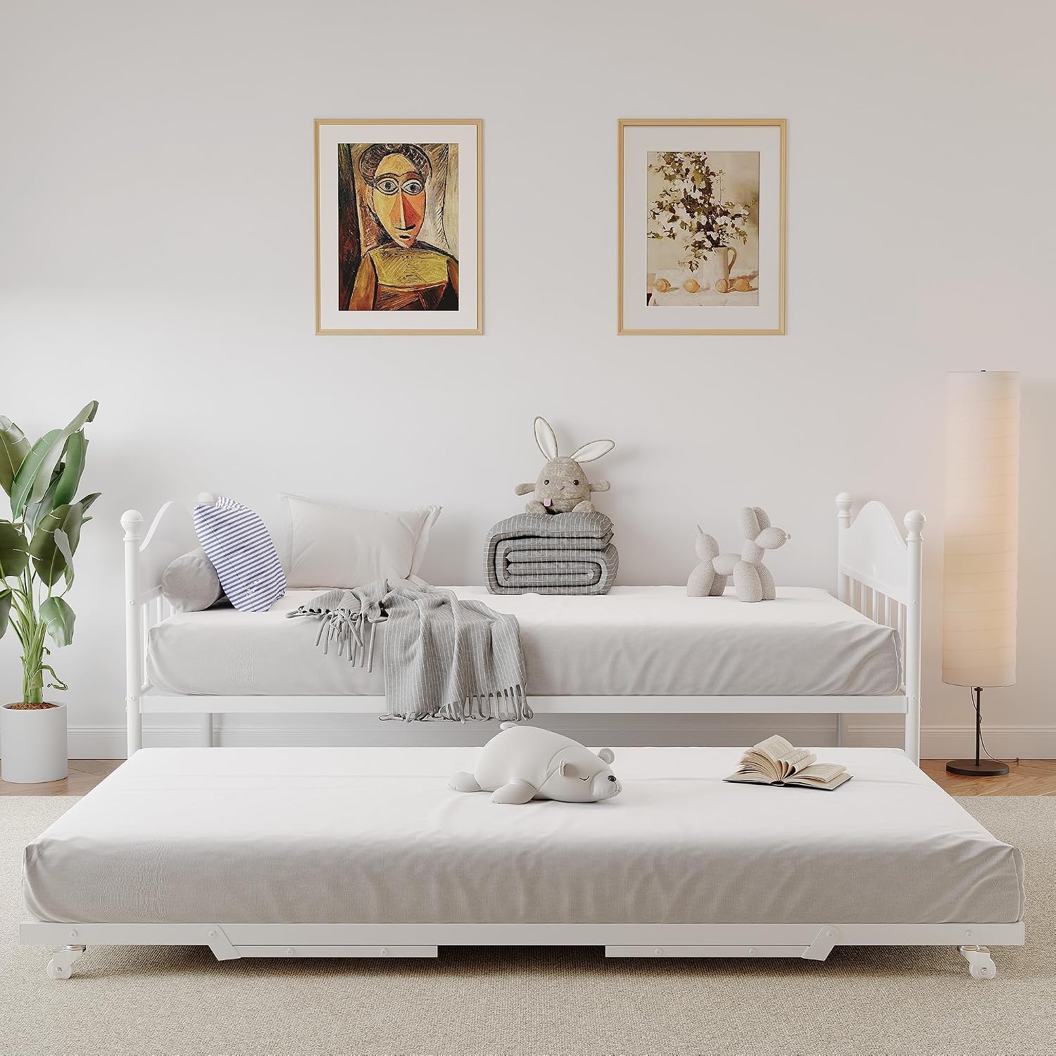 Daybed with Trundle, Metal Twin Size Day Bed with Stylish Headboard, Sofa BedFrame with Pop Up Foldable Trundle Bed, Heavy Duty Steel Slats Platform for Living Room, Bedroom and Guest Room, White