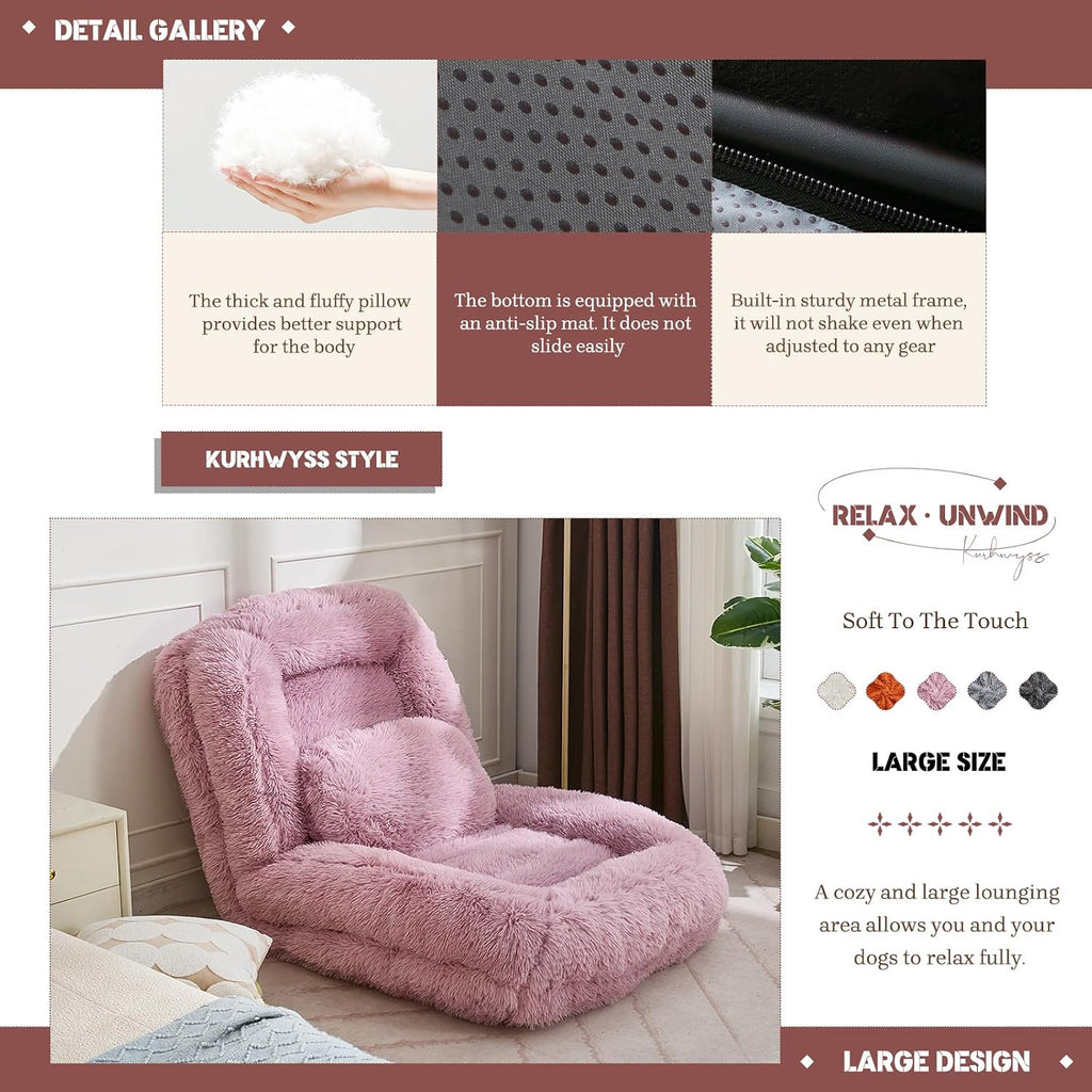 Upholstered Human Dog Bed for Adult & Pets, Convertible Lazy Sofa Bed with 5 Adjustable Position, Comfy Tatami Bean Bag Lounge Chair with a Soft Pillow for Bedroom Living Room (Pink Fluffy)