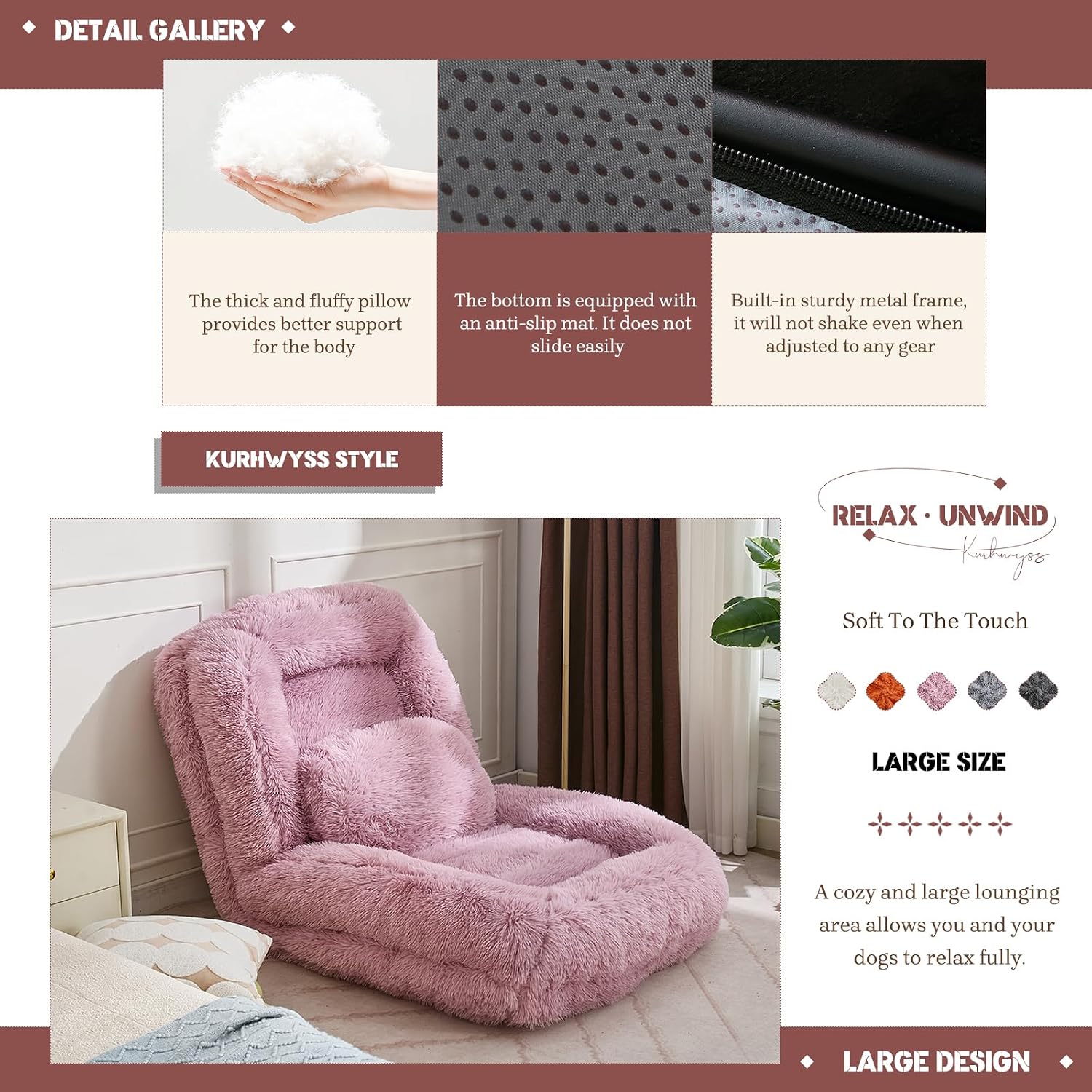 Upholstered Human Dog Bed for Adult & Pets, Convertible Lazy Sofa Bed with 5 Adjustable Position, Comfy Tatami Bean Bag Lounge Chair with a Soft Pillow for Bedroom Living Room (Pink Fluffy)