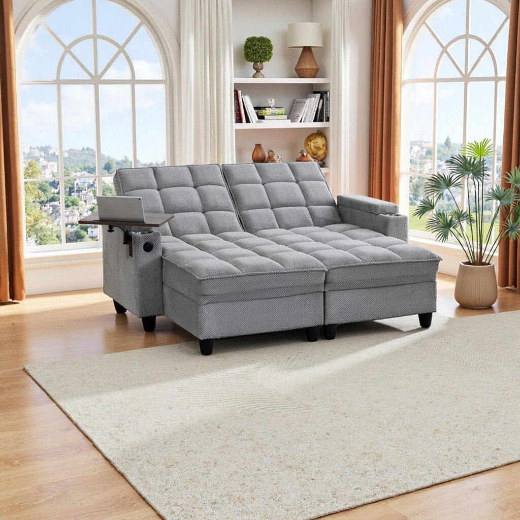 70.9'' Double Chaise Lounge with 360 degree rotatable side table, Comfy Corduroy Indoor Lounge Chair with Armrest Storage, Cup Holder, USB Port, and Pillow for Living Room or Bedroom (light gray)