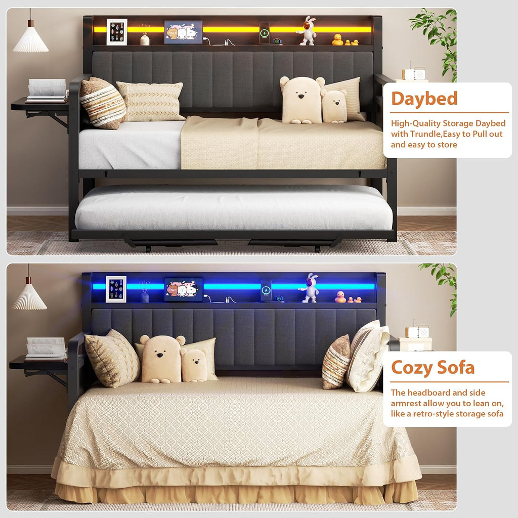 Daybed with Trundle and LED Light, Heavy Duty Metal Twin Bed Frame with Upholstered Storage Headboard & Charging Station, Day Bed Pop Up Trundle Bed Twin for Living Room,Bedroom and Guest Room (Black)