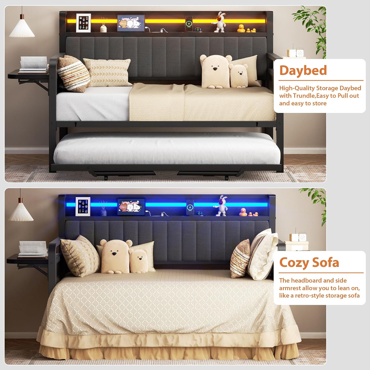 Daybed with Trundle and LED Light, Heavy Duty Metal Twin Bed Frame with Upholstered Storage Headboard & Charging Station, Day Bed Pop Up Trundle Bed Twin for Living Room,Bedroom and Guest Room (Black)