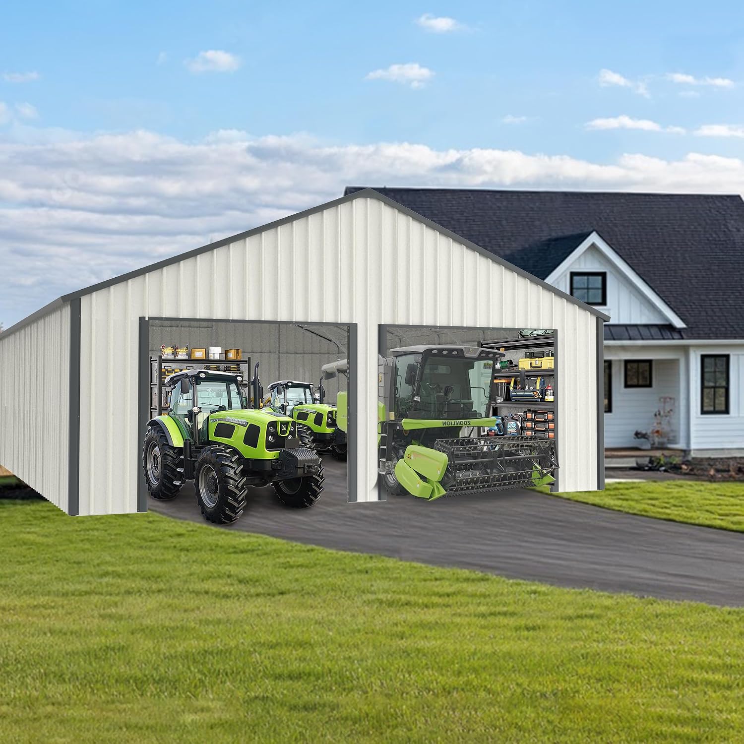25 x 33 FT Metal Shed, Double Garage Shed with Side Entry Door, 2 Car Prefab Garage with 16 GA Steel Frame, Extra Large Outdoor Storage Building for Truck, Power Tools, Boat, Cream
