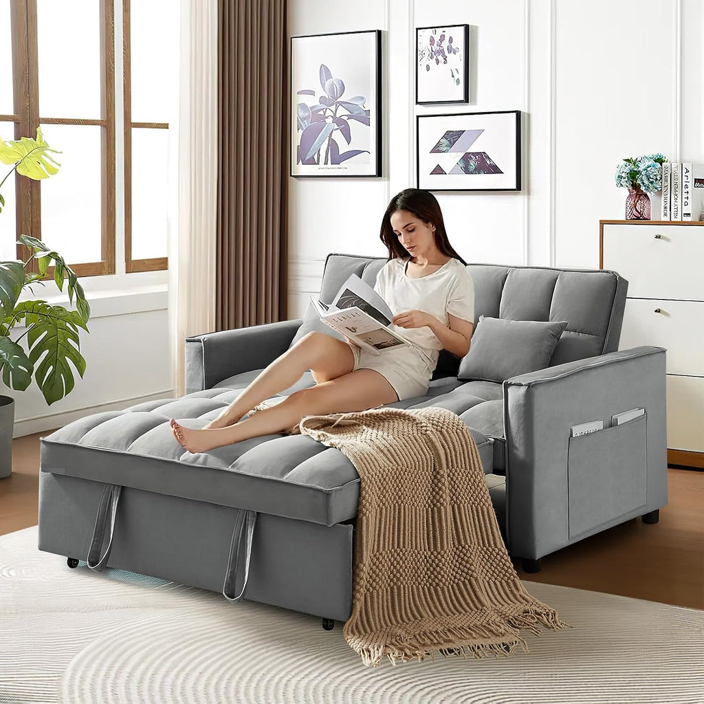 3 in 1 Convertible Sleeper Sofa Bed, Futon Couches for Living Room with Side Pocket/Adjustable Backrest, Velvet Upholstered Pull Out Couch, Small Loveseat Sofa Bed for Bedroom Office Small Spaces