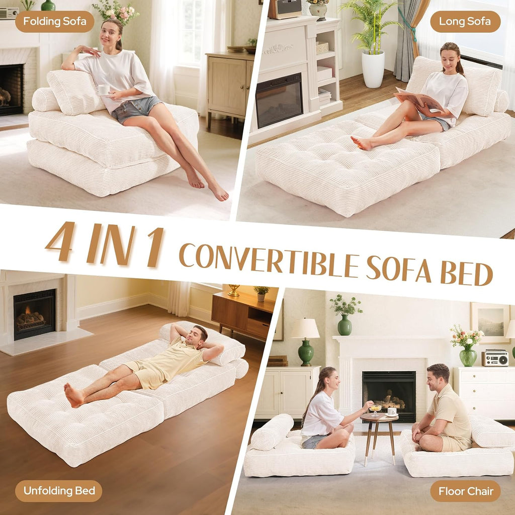 HABUTWAY Folding Sofa Bed, Convertible Sleeper Chair Bed w/Dual-Pillow & Handle, Foldable Floor Sofa Lounge w/Back Support for Living Room, Bedroom, Apartment, Office, Single, Beige