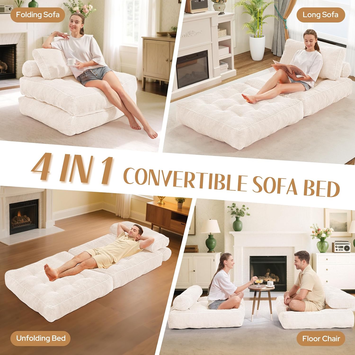 HABUTWAY Folding Sofa Bed, Convertible Sleeper Chair Bed w/Dual-Pillow & Handle, Foldable Floor Sofa Lounge w/Back Support for Living Room, Bedroom, Apartment, Office, Single, Beige