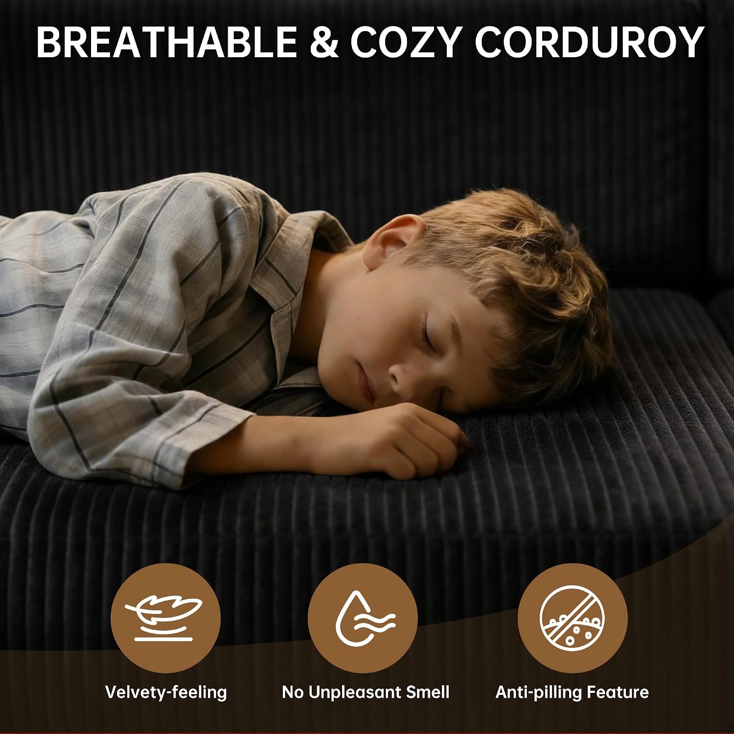 Nigoone 103' Sectional Couch for Living Room, Modular L Shaped Black Couches with Chaise, Large Minimalist Modern Deep Seats Boneless Sofa, Corduroy, No Assembly