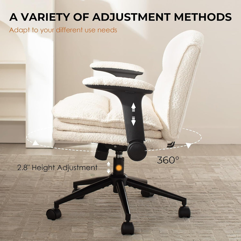 Dowinx Criss Cross Chair with Adjustable Flip-up Arms and Wheels, Comfort Ergonomic Office Desk Armchair with 3 Layer Cushions, Wide Seat Vanity Chair for Home Office, Living Room, Bedroom, Beige