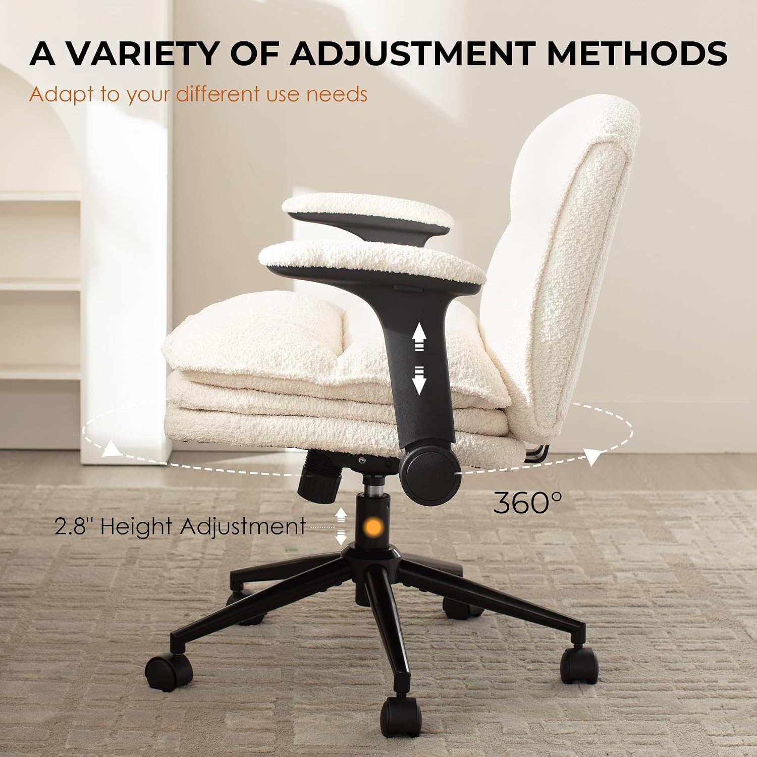 Dowinx Criss Cross Chair with Adjustable Flip-up Arms and Wheels, Comfort Ergonomic Office Desk Armchair with 3 Layer Cushions, Wide Seat Vanity Chair for Home Office, Living Room, Bedroom, Beige