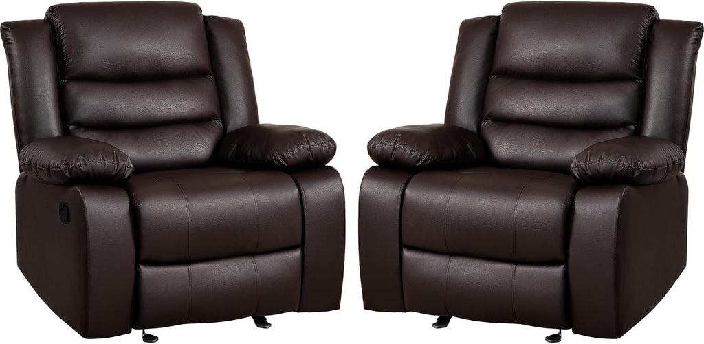 PrimeZone Oversized Rocker Recliner Chair - Comfy Wide Lazy Boy Recliner Chair with Overstuffed Armrest, Faux Leather Manual Reclining Chairs for Living Room, Bedroom, Home Theater, Brown Set of 2
