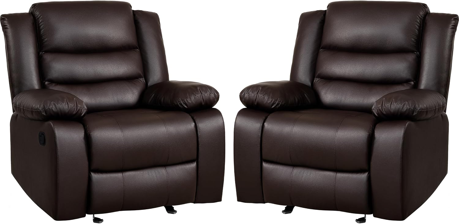 PrimeZone Oversized Rocker Recliner Chair - Comfy Wide Lazy Boy Recliner Chair with Overstuffed Armrest, Faux Leather Manual Reclining Chairs for Living Room, Bedroom, Home Theater, Brown Set of 2