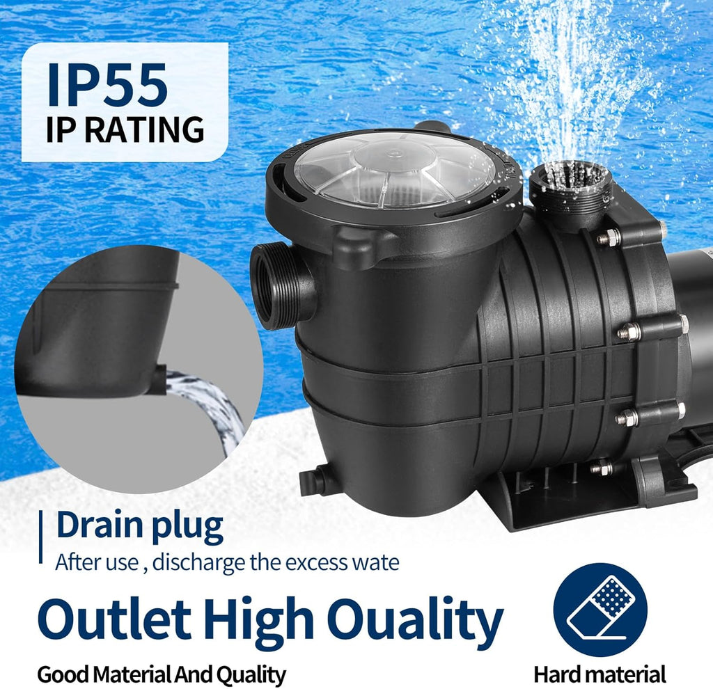 Leomru 2 HP Pool Pump 6800 GPH Self Priming in/Above Ground Swimming Pool Pump 110V/220V Dual Voltage Single Speed Pumps with Strainer Basket 6Pcs Connectors