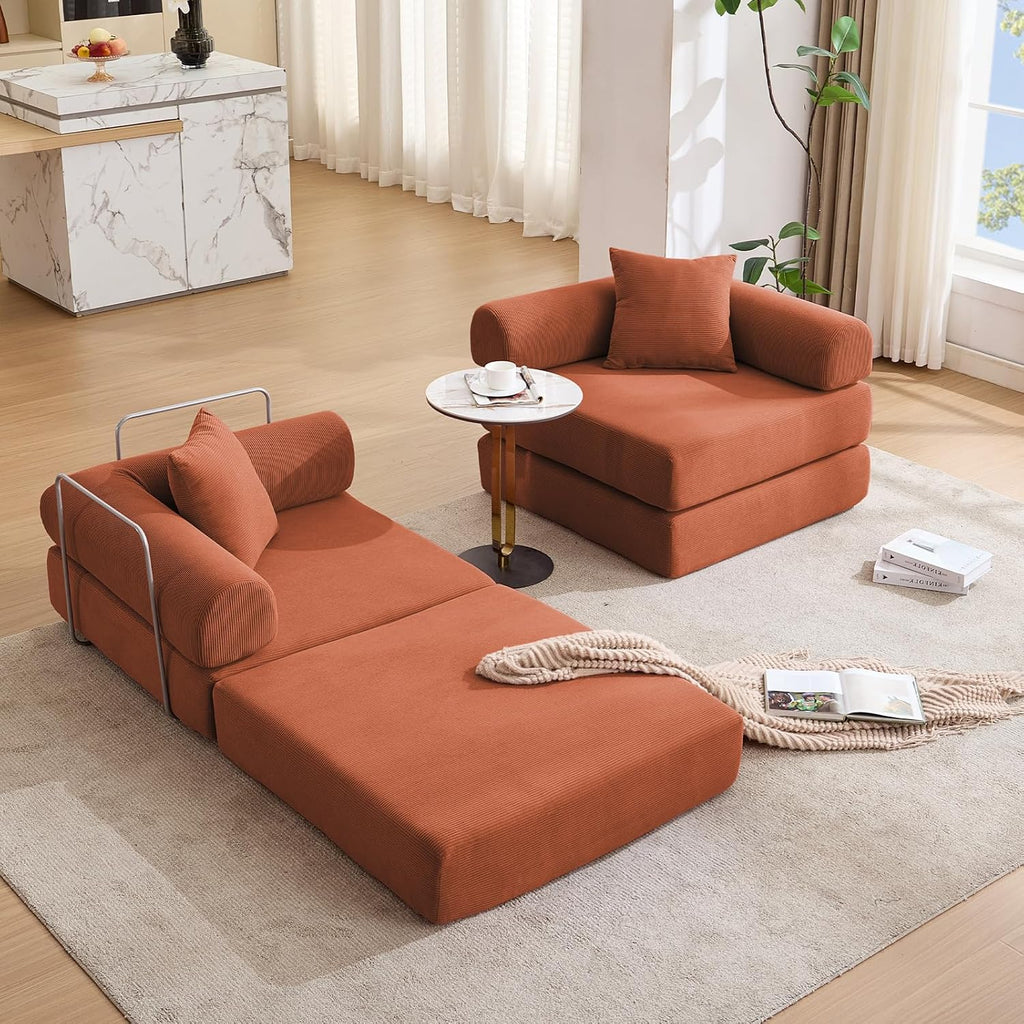 73' Convertible Modular Folding Sofa Bed, 5-in-1 DIY Combination Fold Out Sleeper Sofa Bed, Loveseat sleeper Couch with Removable Armrests, Corduroy Floor Couch, Small couches for small spaces, Orange
