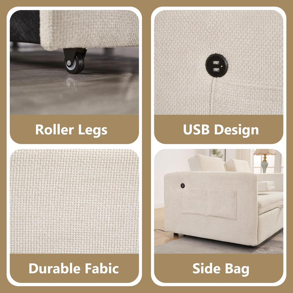 57.48' Convertible Sofa Bed with Cup Holder, Pull Out Sleeper Sofa Bed with USB Charging Ports, 3 in 1 Convertible Sleeper Sofa Bed for Living Room, Apartment, Bedroom, RV, Beige