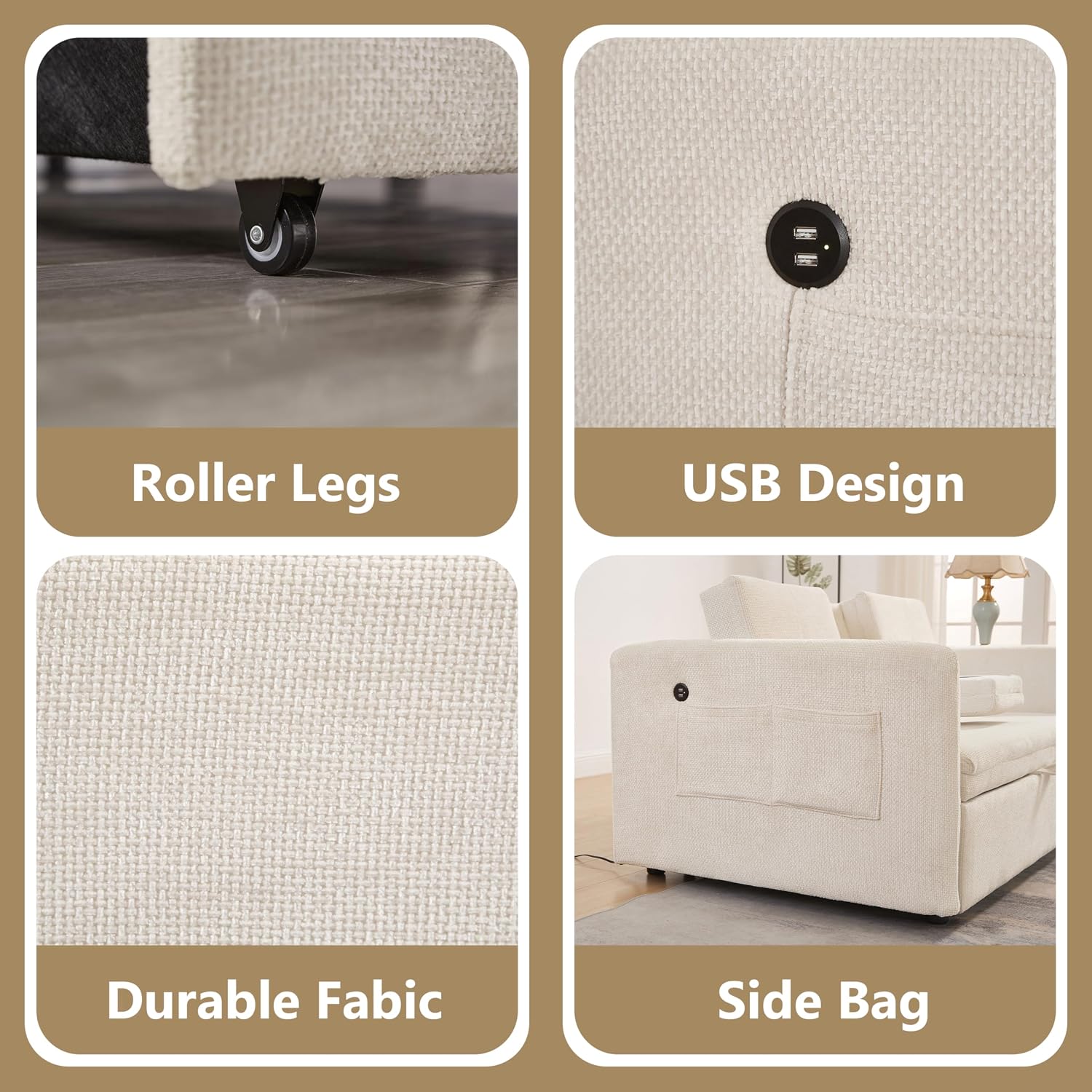 57.48' Convertible Sofa Bed with Cup Holder, Pull Out Sleeper Sofa Bed with USB Charging Ports, 3 in 1 Convertible Sleeper Sofa Bed for Living Room, Apartment, Bedroom, RV, Beige