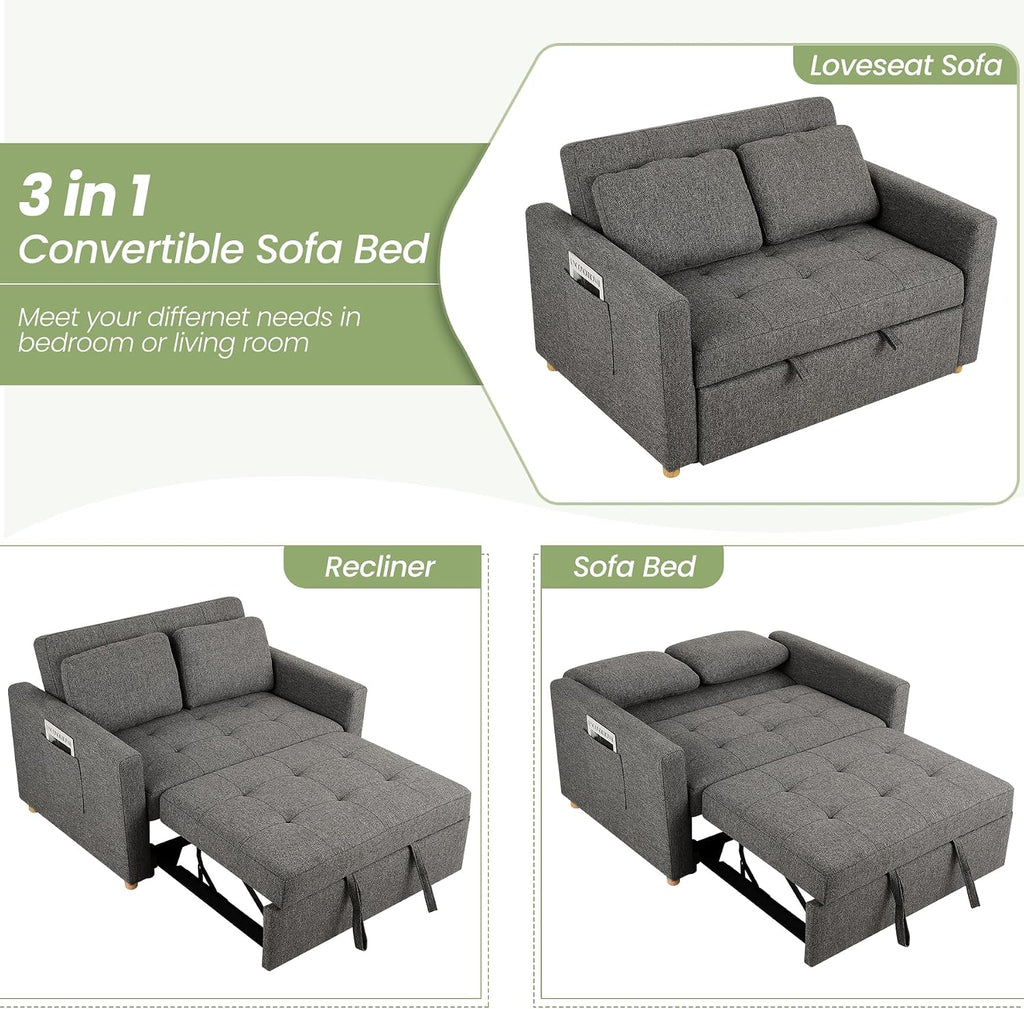 SEJOV Sleeper Sofa Bed, 3-in-1 Convertible Sofa Chair, Linen Fabric Pull Out Couch Bed, Loveseat Sleeper with Spring Support, Adjustable Backrest, 2 Seater Recliner Chair for Small Space, Dark Grey