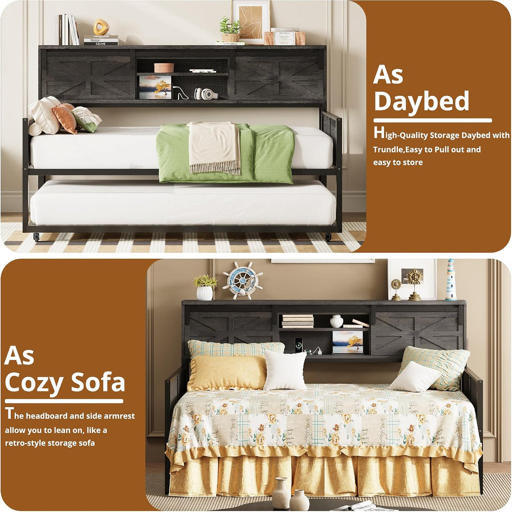 LIKIMIO Daybed with Trundle Bed, Sofa Bed Twin with Charging Station, with Storage Headboard & Strong Support, for Living Room, Bedroom and Guest Room, Charcoal Grey