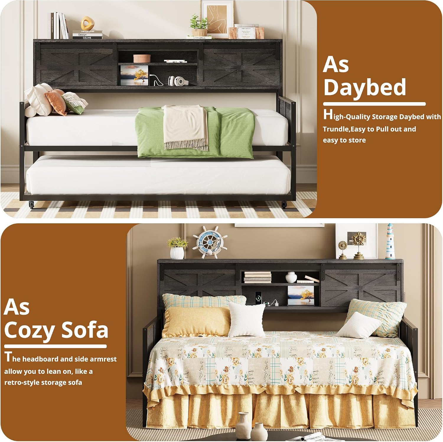 LIKIMIO Daybed with Trundle Bed, Sofa Bed Twin with Charging Station, with Storage Headboard & Strong Support, for Living Room, Bedroom and Guest Room, Charcoal Grey