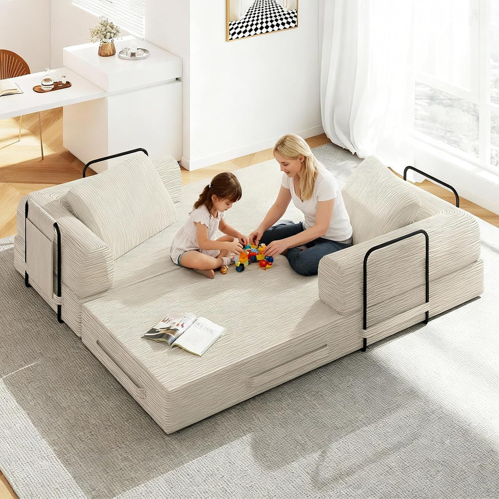 78'' Sleeper Couch Bed for Living Room, Convertible Modular Sofa with Fixed Frame and Side Pocket, Corduroy Futon Boneless Couches in a Box, No Assembly, Beige