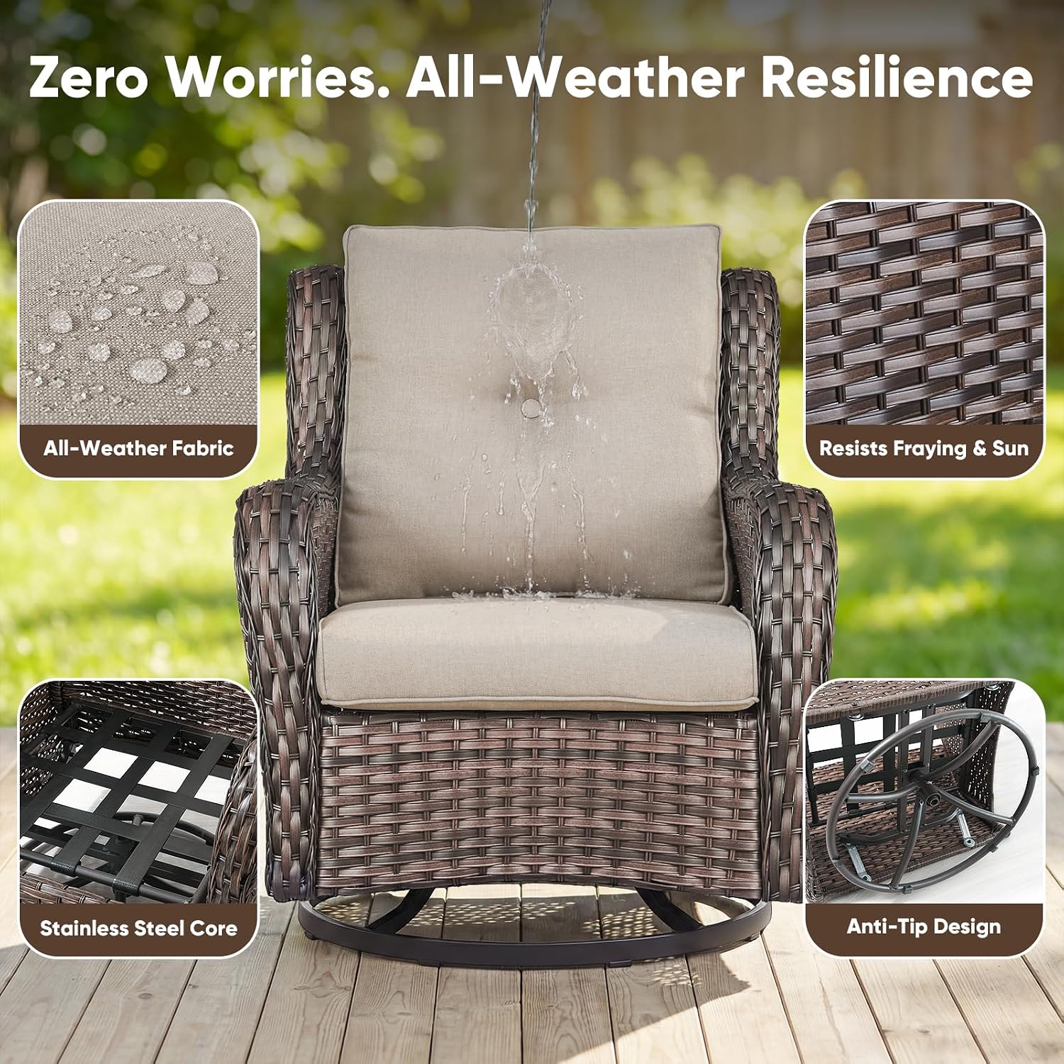 Belord Outdoor Swivel Chairs Set of 2,Patio Wicker Rocker Chairs,All Weather Patio Conversation Furniture Set, Ideal for Porch Balcony Deck Yard, Brown Wicker/Beige