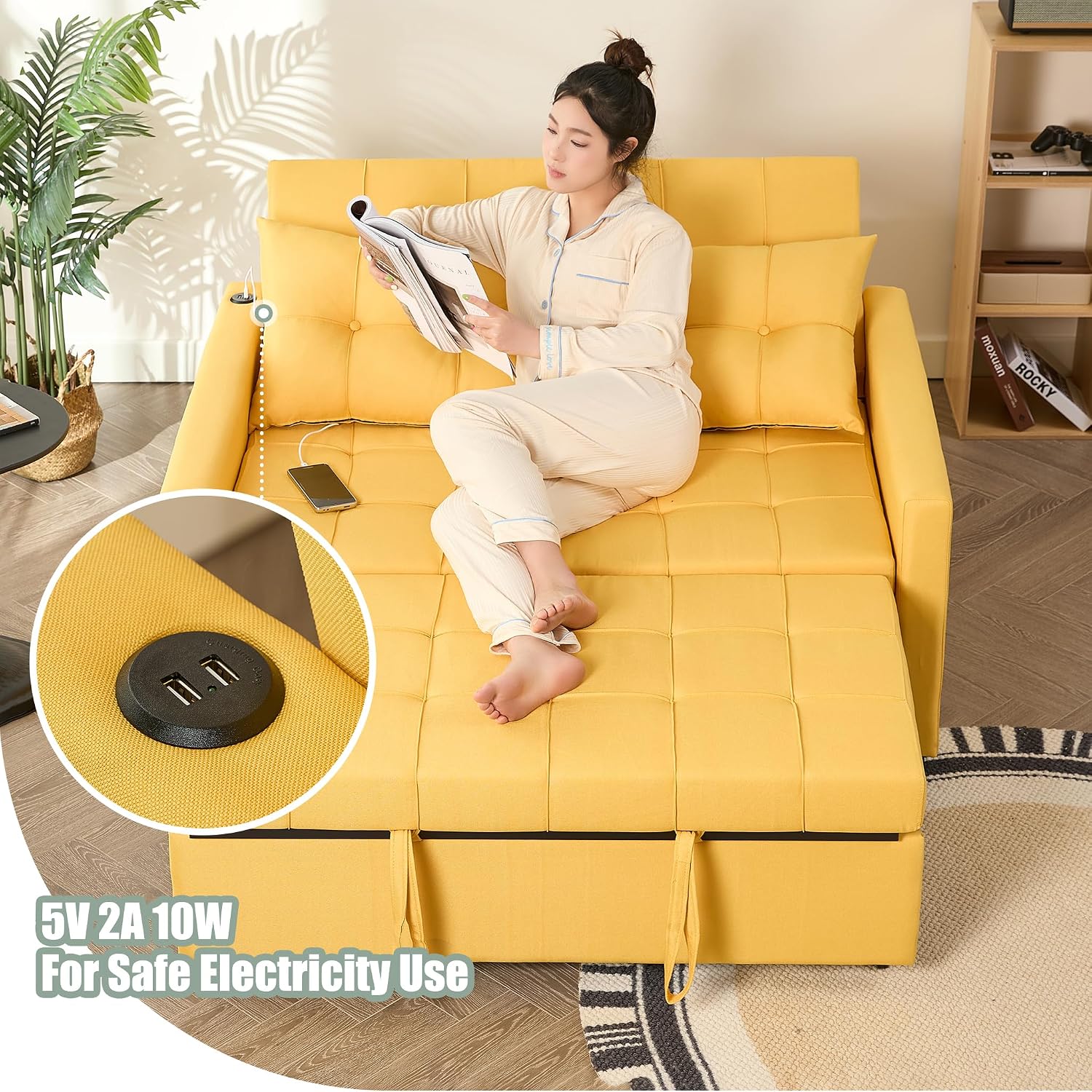 GOSUHI 52' Sleeper Sofa with Pull-Out Bed, 3-in-1 Convertible Sofa Bed, Set of Loveseat with Stepless Adjustable Backrest and Side Pocket, for Living Room Dorm Apartment, Linen, Yellow