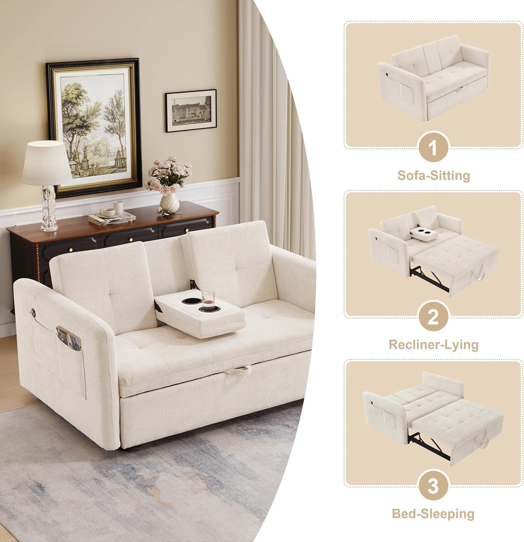 57.48' Convertible Sofa Bed with Cup Holder, Pull Out Sleeper Sofa Bed with USB Charging Ports, 3 in 1 Convertible Sleeper Sofa Bed for Living Room, Apartment, Bedroom, RV, Beige