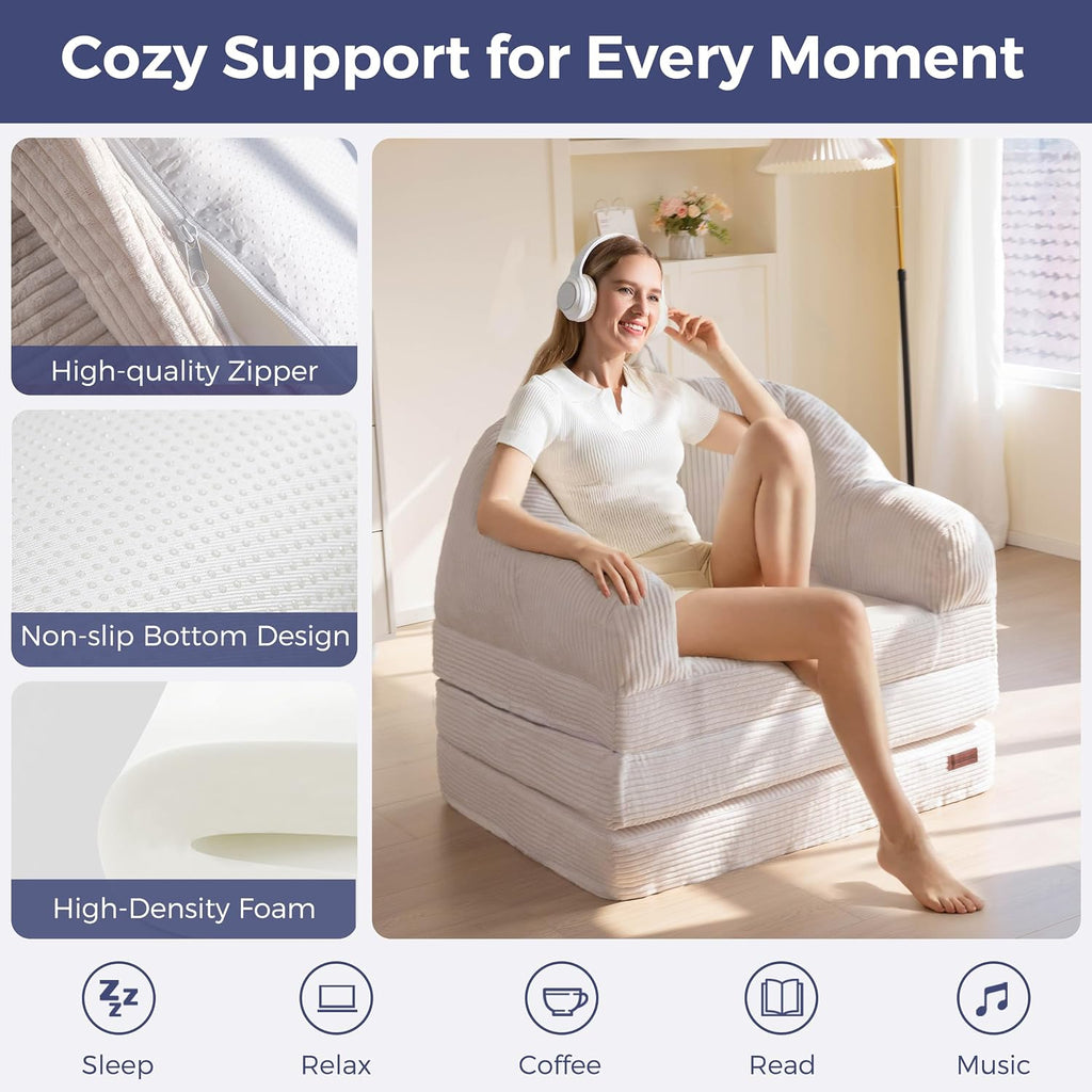MAXYOYO Folding Sofa Bed with Backrest, Boneless Fold Out Couch Bed with Handle, 2 in 1 Convertible Bean Bag Chair to Floor Sofa Lounger, Comfy Folding Couch for Bedroom & Living Room, Beige