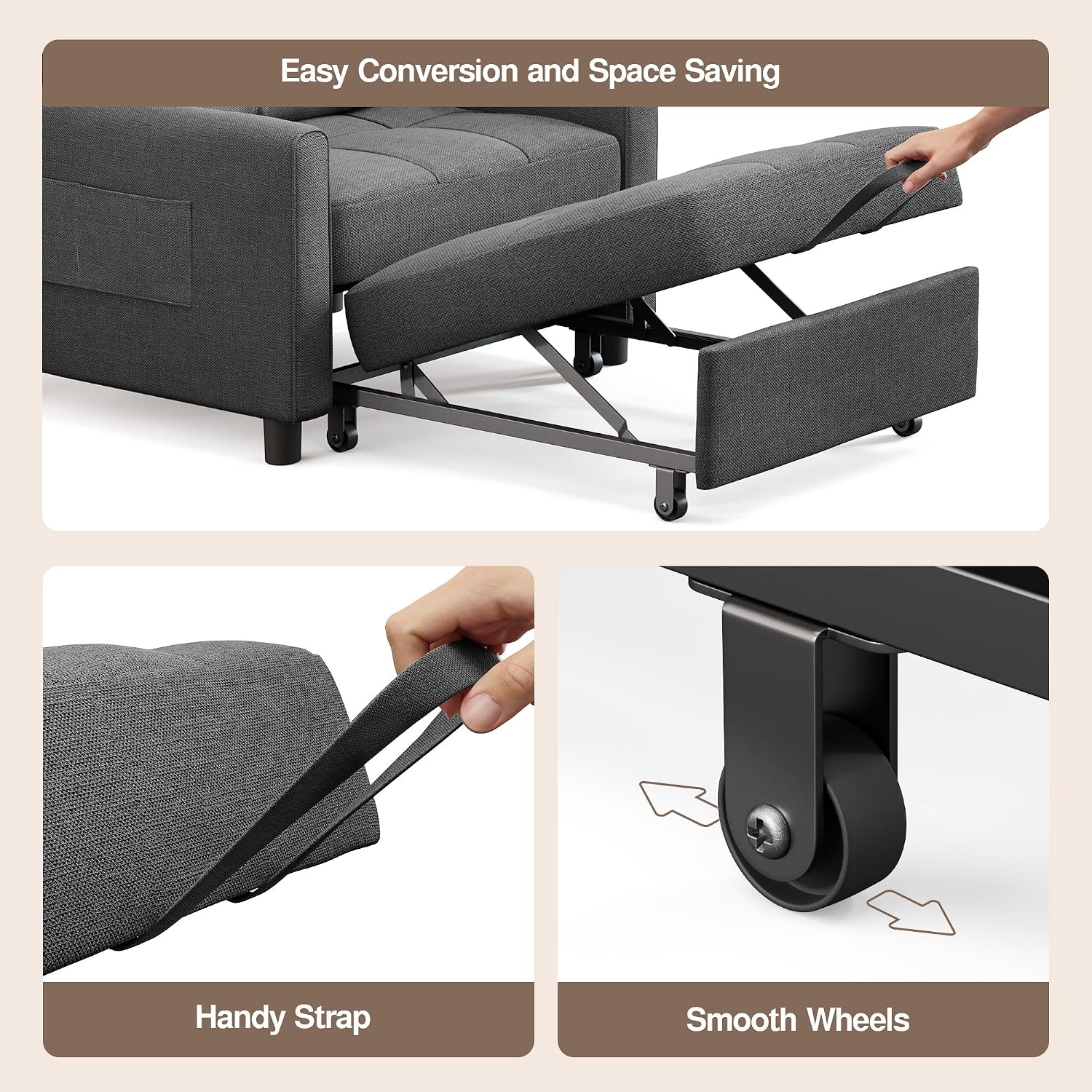 Ahomly Convertible Sofa Chair Bed, 3-in-1 Multi-Functional Sleeper Chair Bed, Adjustable Backrest Recliner with Modern Linen Fabric for Living Room Bedroom Apartment Small Space, Dark Grey