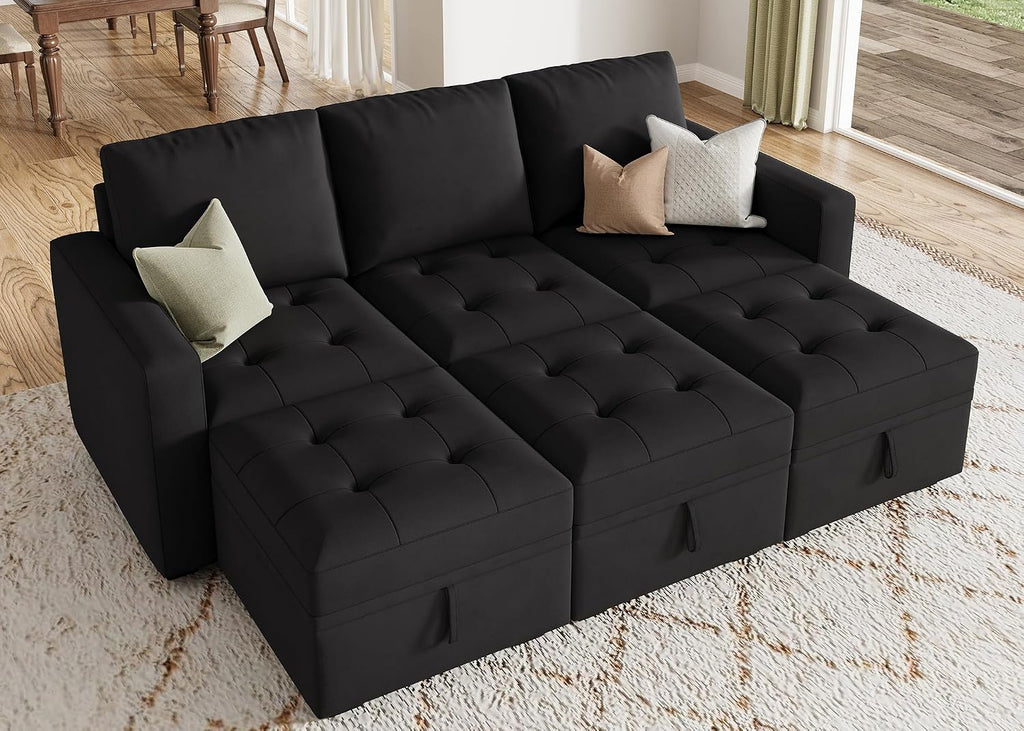 HONBAY Modular Sectional Couch Sleeper Sofa Bed with Storage Seats Oversized Sectional Couches for Living Room,Black