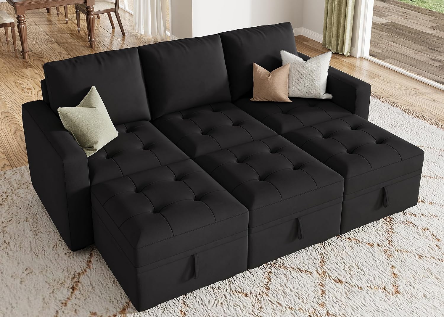 HONBAY Modular Sectional Couch Sleeper Sofa Bed with Storage Seats Oversized Sectional Couches for Living Room,Black