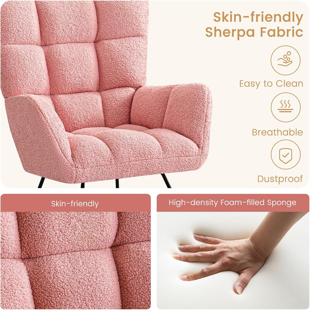 Furniliving Nursery Rocking Chair Upholstered Glider Rocking Chair Modern Accent Chair Padded Seat Reading Chair with High Backrest Comfy Chair for Living Room, Bedroom, Nursery, Pink, Teddy