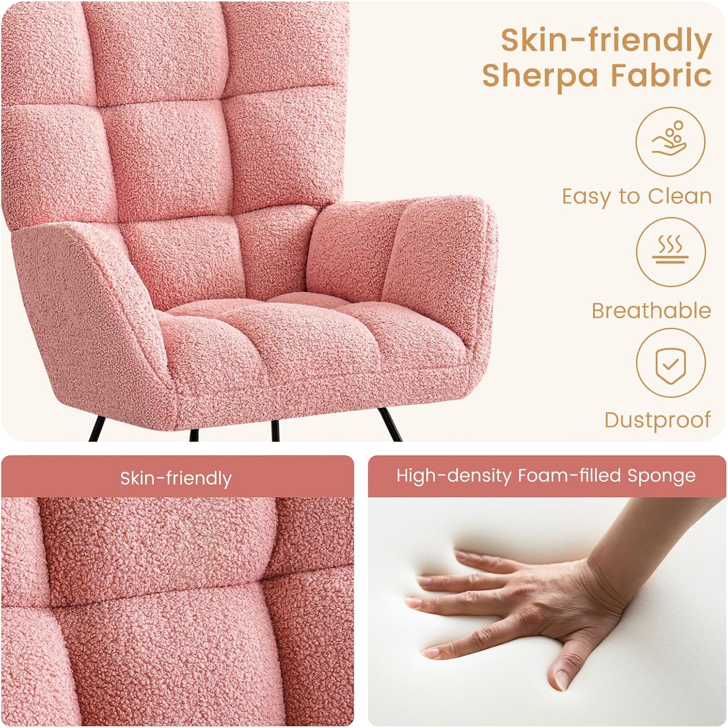 Furniliving Nursery Rocking Chair Upholstered Glider Rocking Chair Modern Accent Chair Padded Seat Reading Chair with High Backrest Comfy Chair for Living Room, Bedroom, Nursery, Pink, Teddy