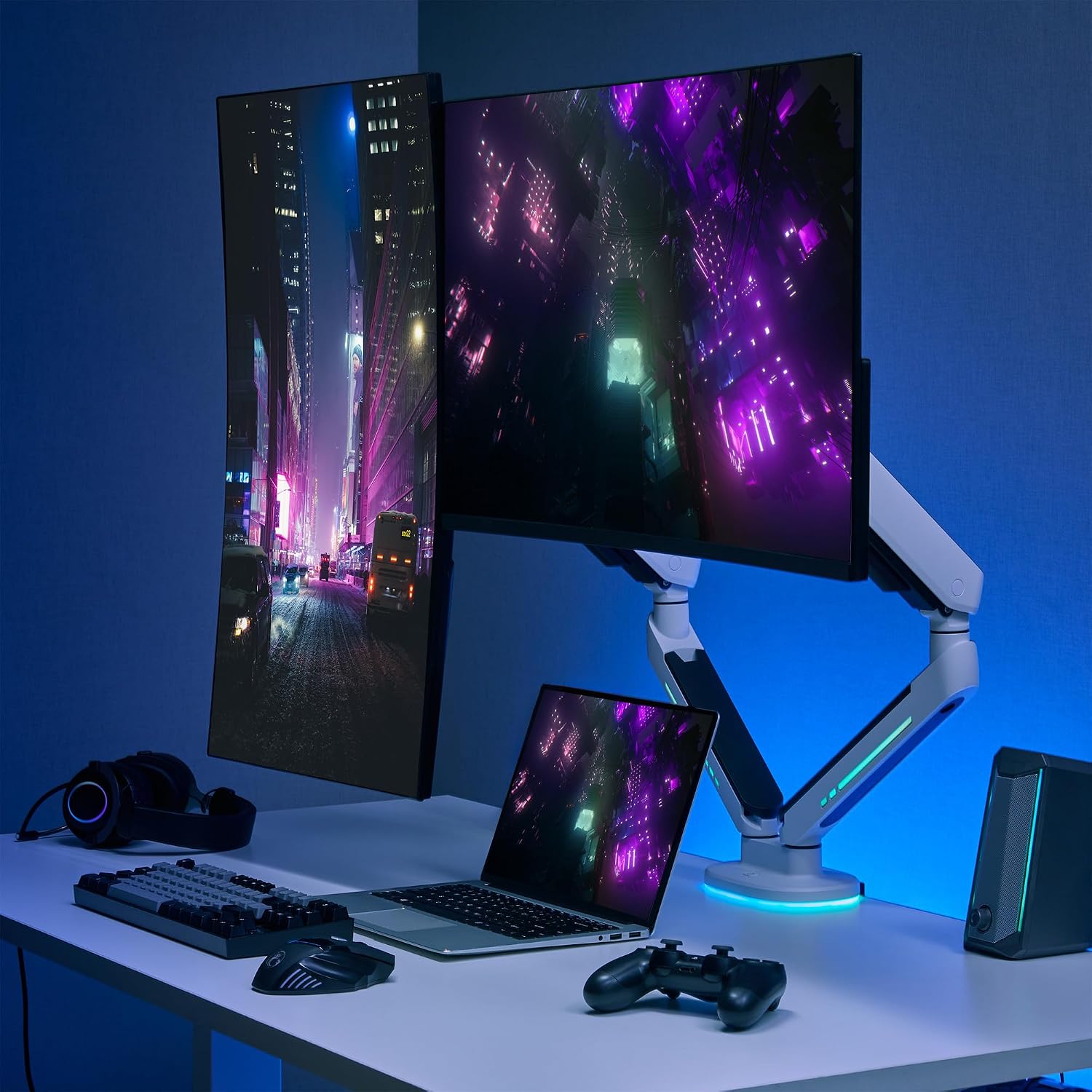 AVLT Dual 27'-43' RGB Gaming Monitor Arm Desk Mount Built-in 20 Lighting Modes Touch Button Control Fits Flat/Curved/Ultrawide Screen Height Swivel Tilt Rotation Adjustable Stand -White