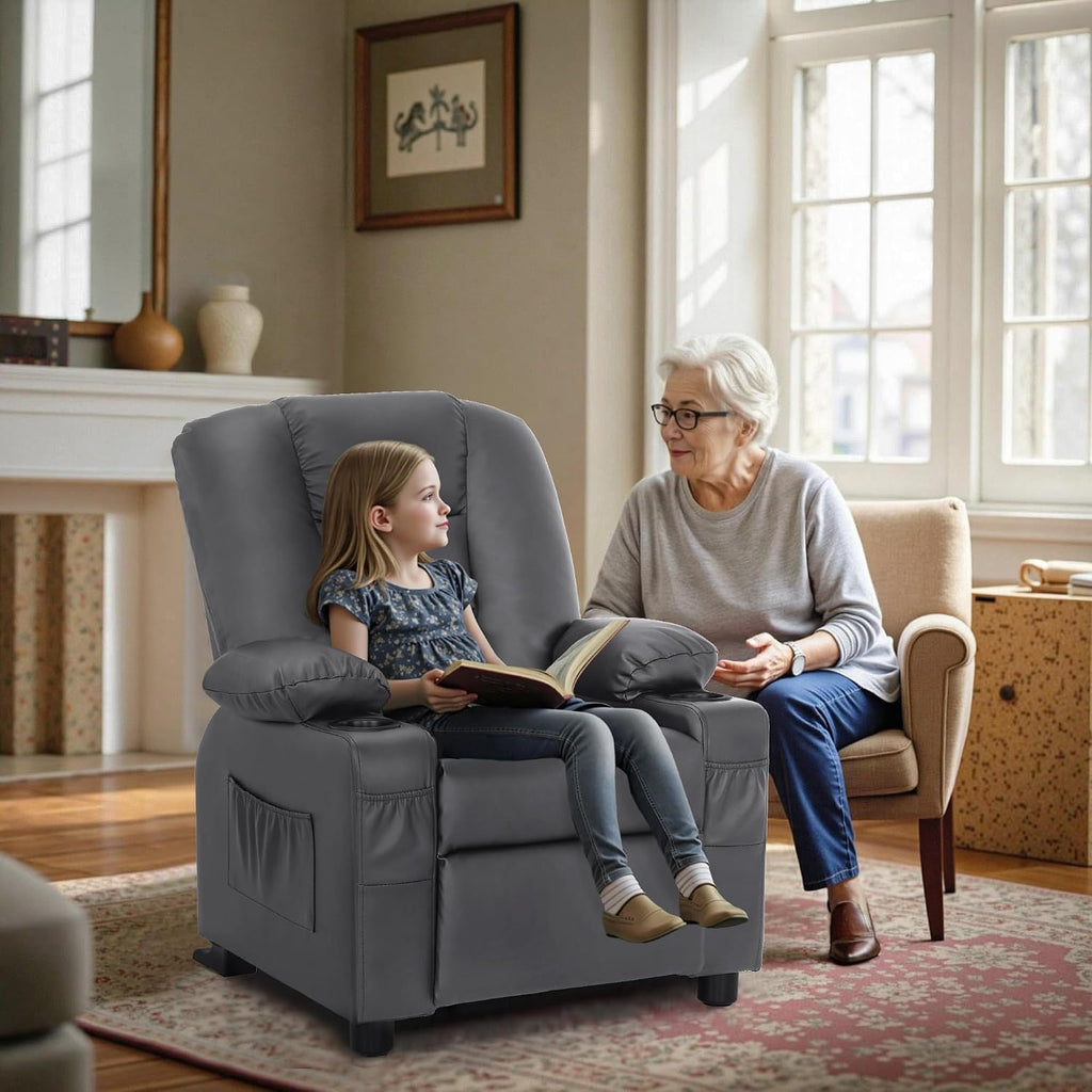 MCombo Big Kids Recliner for Ages 3+, Child Reclining Chair, Toddlers Recliner Sofa with Cup Holders, Faux Leather, 7322(Dark Grey)