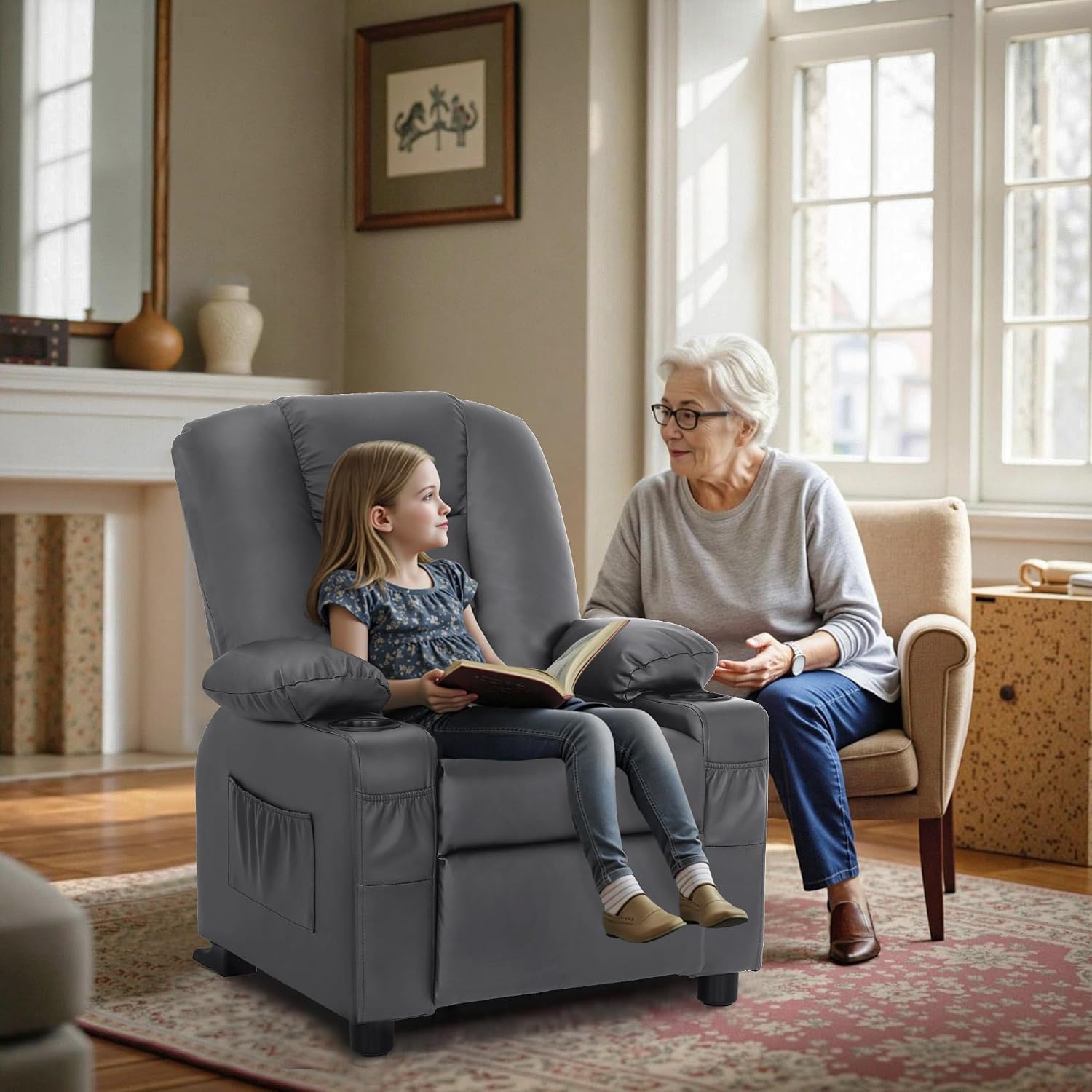 MCombo Big Kids Recliner for Ages 3+, Child Reclining Chair, Toddlers Recliner Sofa with Cup Holders, Faux Leather, 7322(Dark Grey)