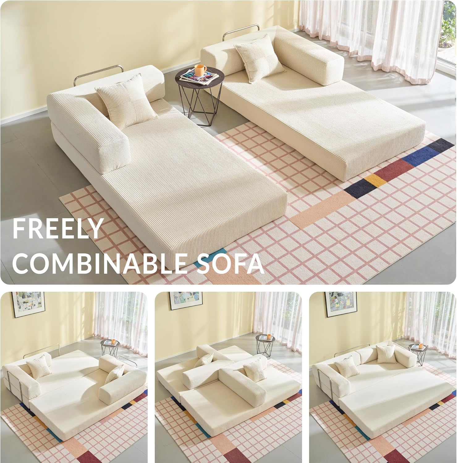 Compression Sofa - 78''Convertible Floor Sofa Bed - with Pillow Back Support Armrest - Comfy Foldable Sofa Bed Compressed Sofa in Box - Corduroy Fabric - for Living Room Bedroom(White)