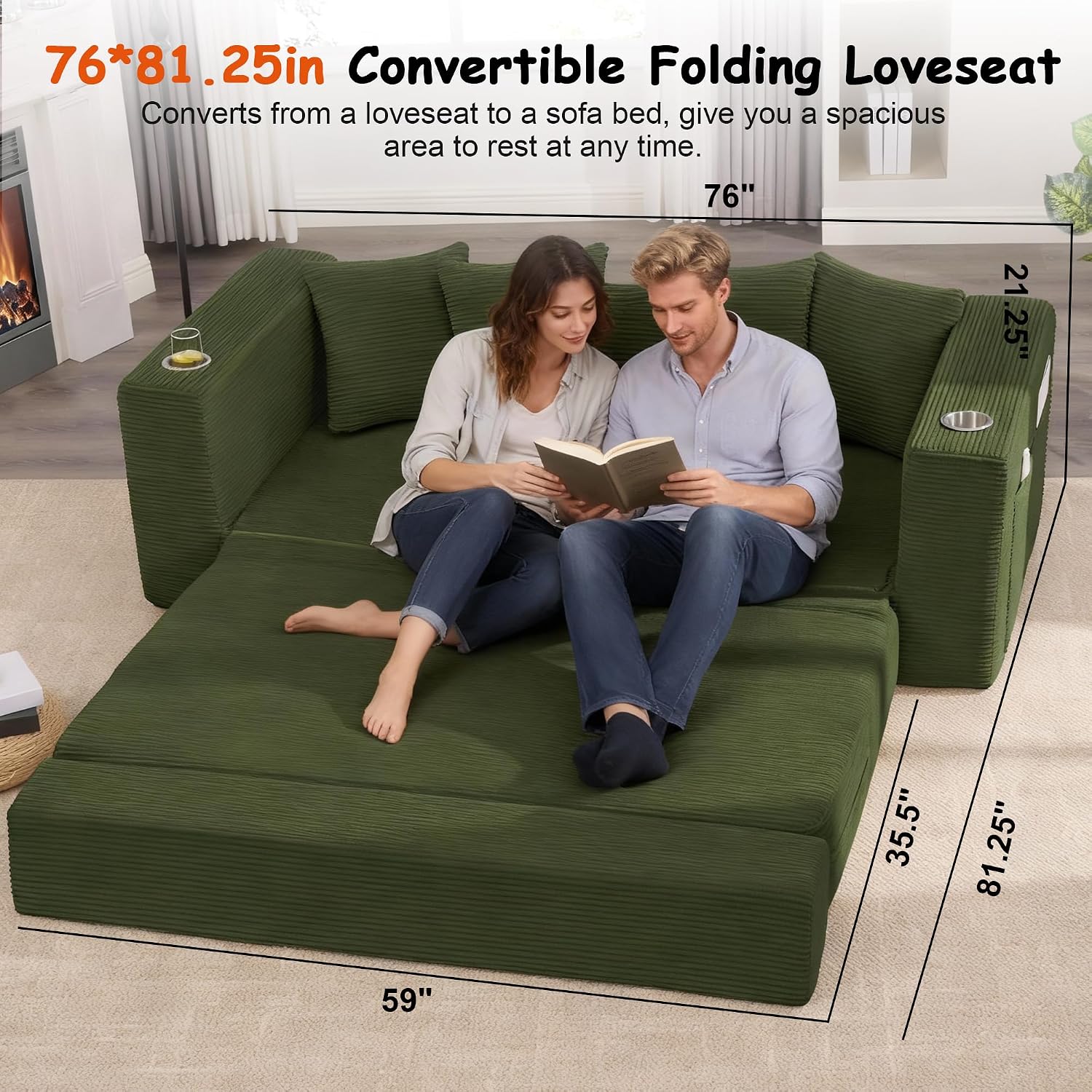 76' Convertible Sofa Bed, 2-in-1 Boneless Sleeper Sofa with Cup Holder & Pocket, Corduroy Pull Out Couch with 5 Pillows, Couch Bed for Living Room, Small Spaces, Bedroom, No Assembly
