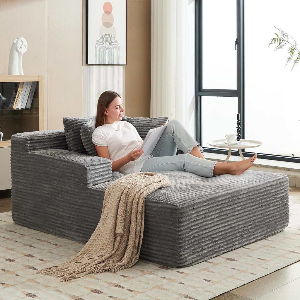 Garvee 50' Oversized Chaise Lounge Indoor Boneless Couch with 3 Pillows Corduroy Sofa Bed, Comfy Sleeper Chair for Living Room Bedroom Reading Chair No Assembly Required, Grey