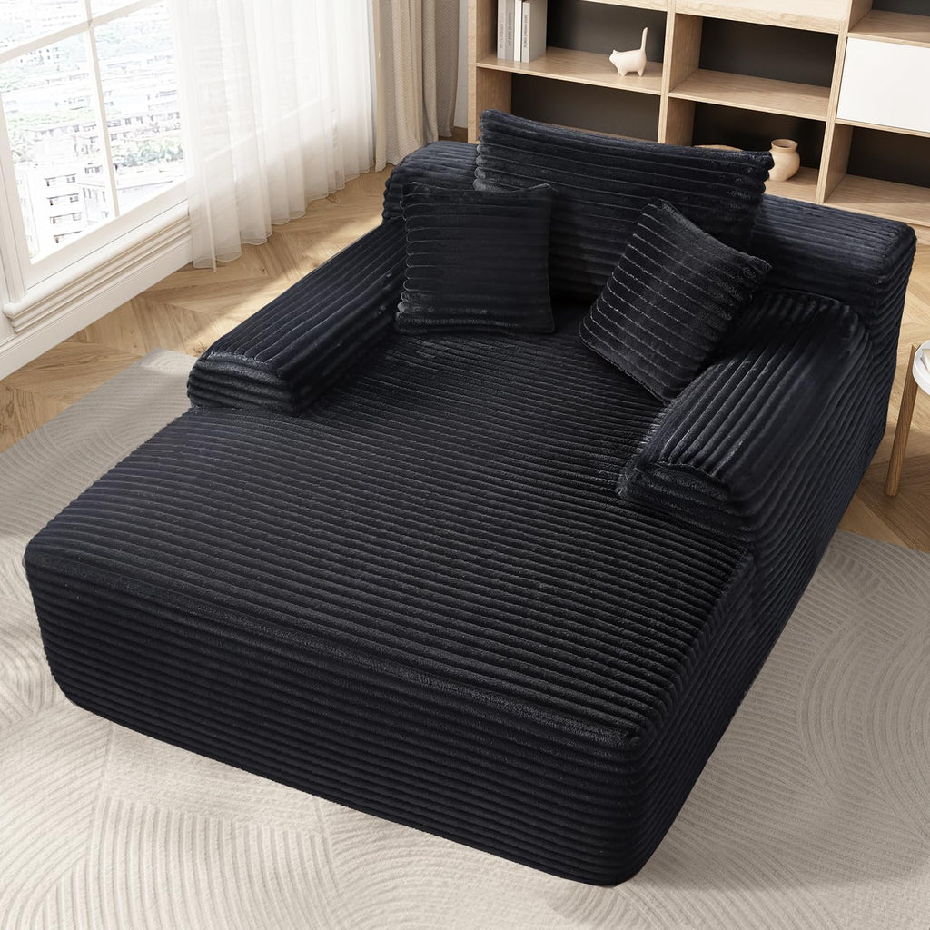 65'' Chaise Lounge Chair Indoor, Black Corduroy Sofa Bed, Boneless Lounge Chair, Oversized Sleeper Sofa, Black Corduroy Cloud Couch Reading Chair for Living Room No Assembly