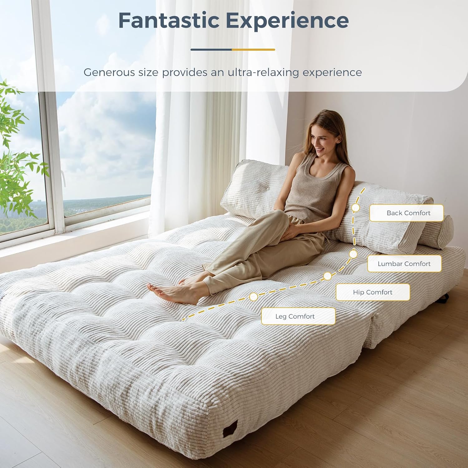 MAXYOYO Folding Sofa Bed, Convertible Sleeper Chair with Pilow Foldable Mattress with Back Support, Portable Fold Out Chair Bed Comfy Floor Sofa Lounge for Living Room Bedroom, Beige, Double