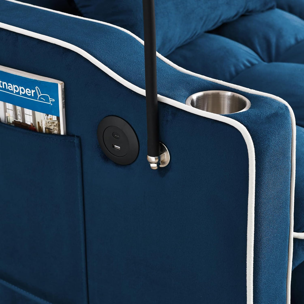 Merax Foldable Sofa Bed with USB Charging Ports, Pull Out Velvet Loveseat Sleeper with Phone Holder, Modern Futon Couch with Cup Holders & Adjustable Backrest for Living Room, Blue